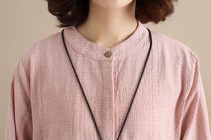 Splicing Pleated Literature Single Breasted Loose Beige Lattice Women Dress