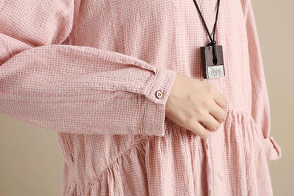 Splicing Pleated Literature Single Breasted Loose Beige Lattice Women Dress