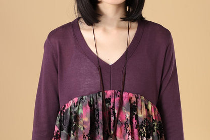 Women Autumn V Neck Long Sleeve Splicing Printing Sweater Dress