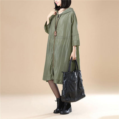 Army Green Hoodie Three Quarter Sleeves Casual Loose Women Coat