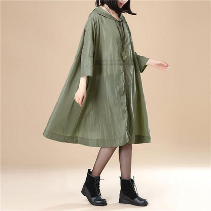 Army Green Hoodie Three Quarter Sleeves Casual Loose Women Coat