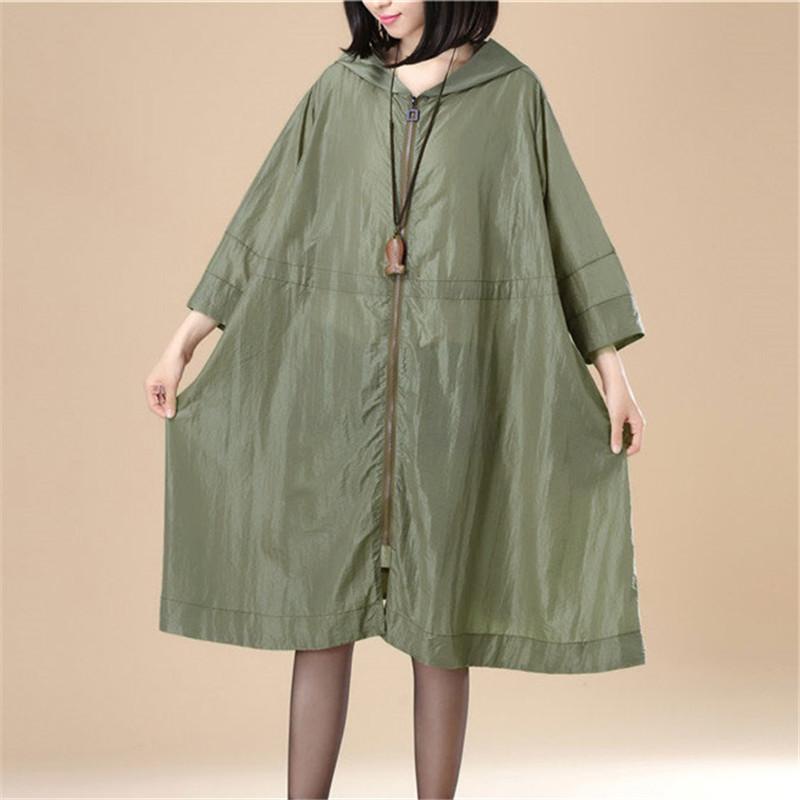 Army Green Hoodie Three Quarter Sleeves Casual Loose Women Coat