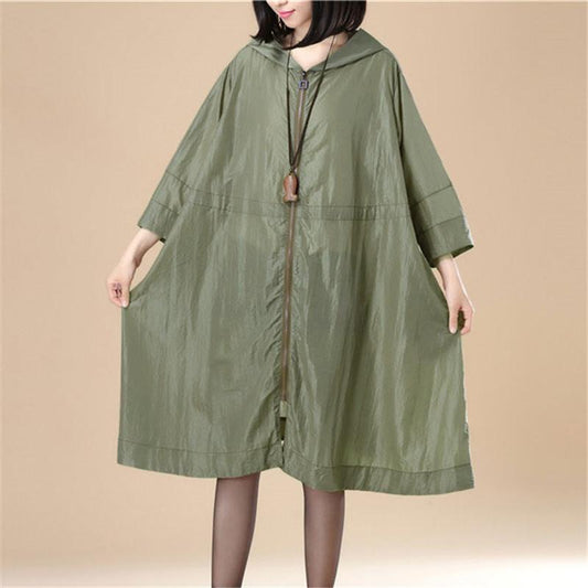 Army Green Hoodie Three Quarter Sleeves Casual Loose Women Coat