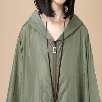 Army Green Hoodie Three Quarter Sleeves Casual Loose Women Coat