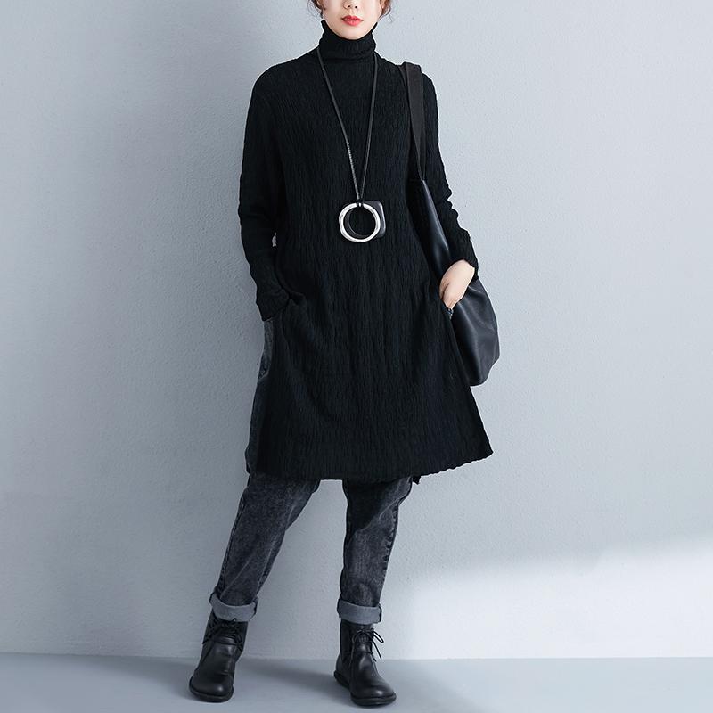 Autumn Winter Women Turtle Neck Long Sleeve Black Dress