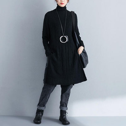Autumn Winter Women Turtle Neck Long Sleeve Black Dress
