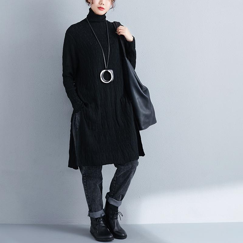 Autumn Winter Women Turtle Neck Long Sleeve Black Dress