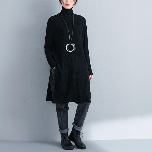 Autumn Winter Women Turtle Neck Long Sleeve Black Dress