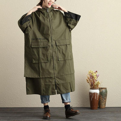 Women Autumn Winter Hooded Zip-Front Three Quarter Sleeve Coat