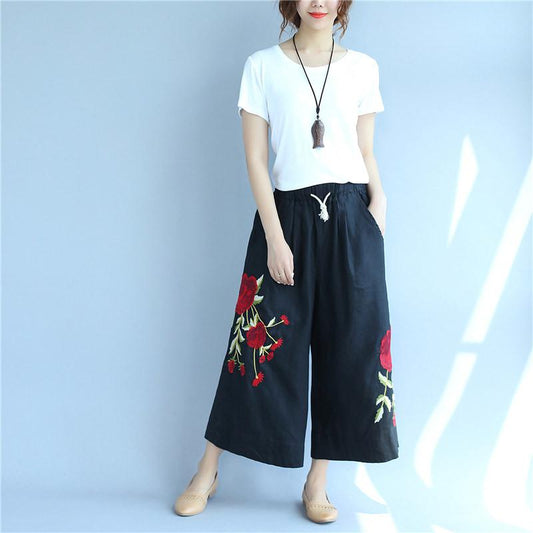 Embroidered Cotton Linen Flower Image Big Pocket Loose Black Pants