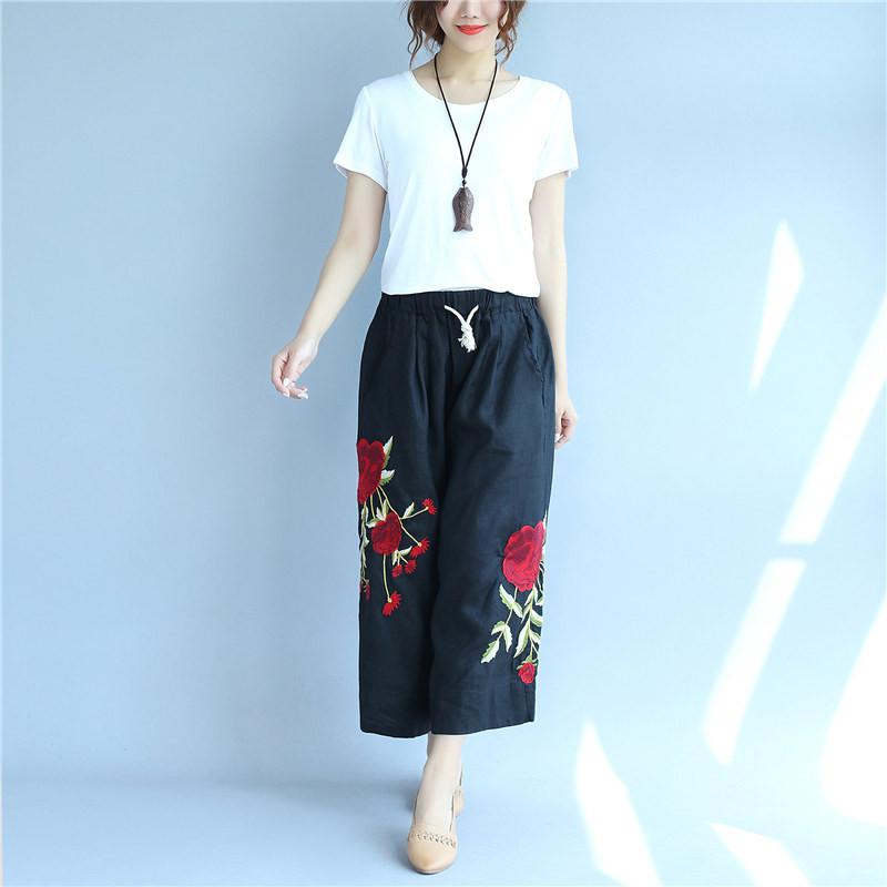 Embroidered Cotton Linen Flower Image Big Pocket Loose Black Pants