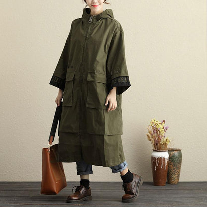 Women Autumn Winter Hooded Zip-Front Three Quarter Sleeve Coat