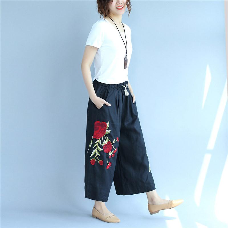 Embroidered Cotton Linen Flower Image Big Pocket Loose Black Pants