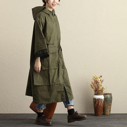 Women Autumn Winter Hooded Zip-Front Three Quarter Sleeve Coat