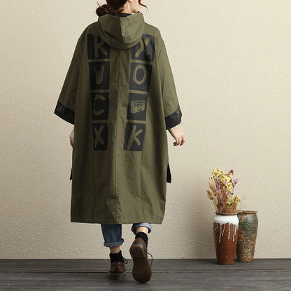 Women Autumn Winter Hooded Zip-Front Three Quarter Sleeve Coat