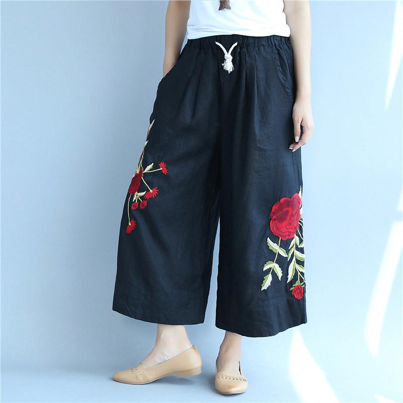 Embroidered Cotton Linen Flower Image Big Pocket Loose Black Pants