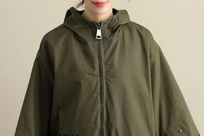 Women Autumn Winter Hooded Zip-Front Three Quarter Sleeve Coat