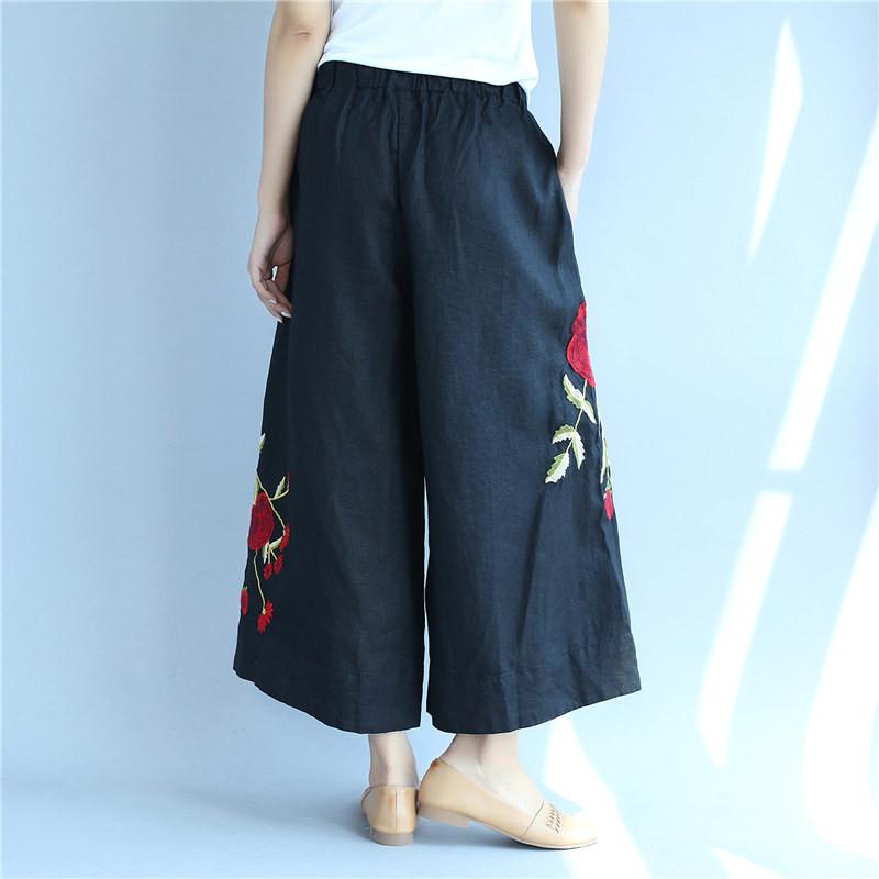 Embroidered Cotton Linen Flower Image Big Pocket Loose Black Pants
