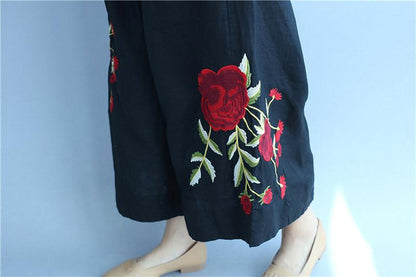Embroidered Cotton Linen Flower Image Big Pocket Loose Black Pants