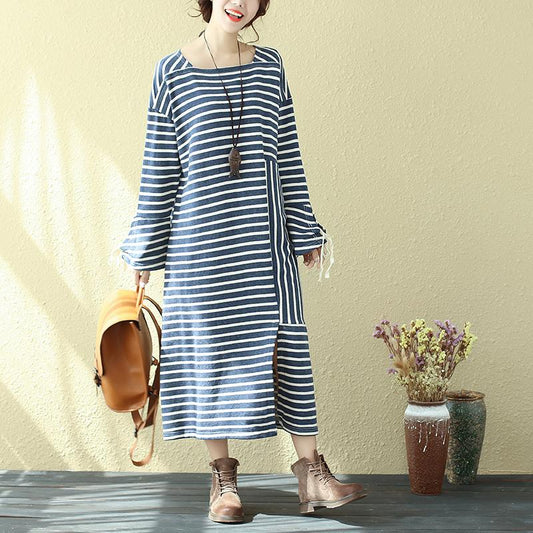 Square Neck Long Sleeve Lacing Blue Stripe Splitting Dress For Women