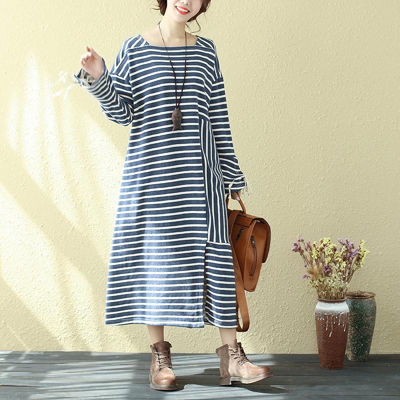 Square Neck Long Sleeve Lacing Blue Stripe Splitting Dress For Women
