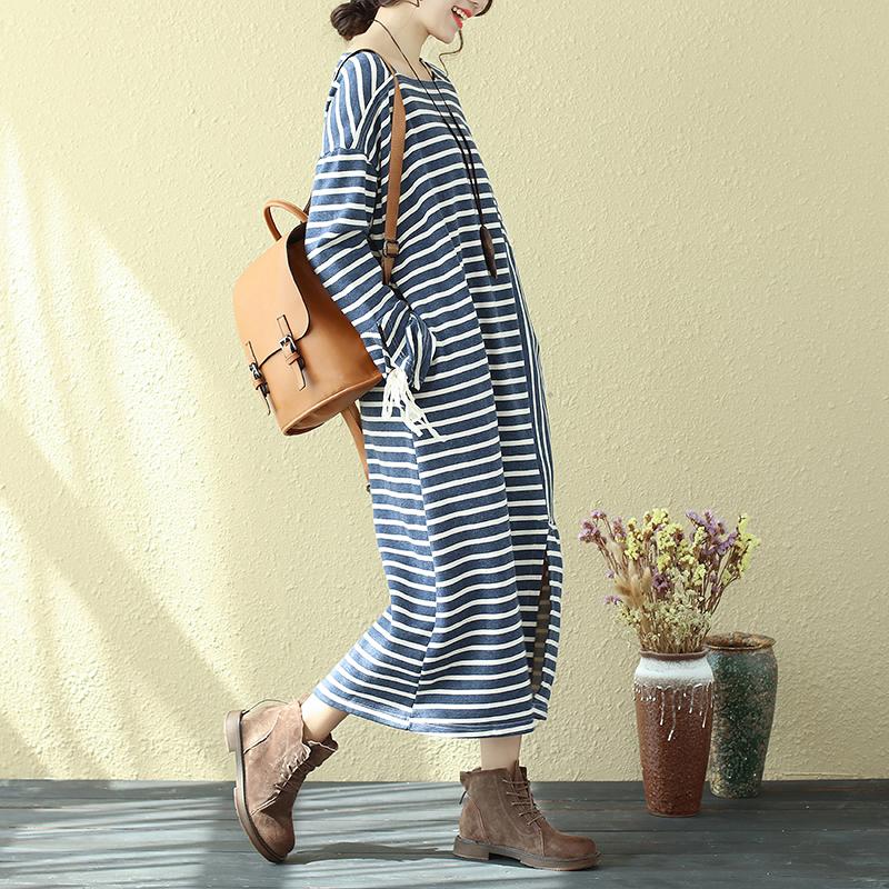 Square Neck Long Sleeve Lacing Blue Stripe Splitting Dress For Women