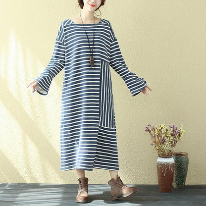 Long Sleeve Lacing Stripe Splitting Dress For Women