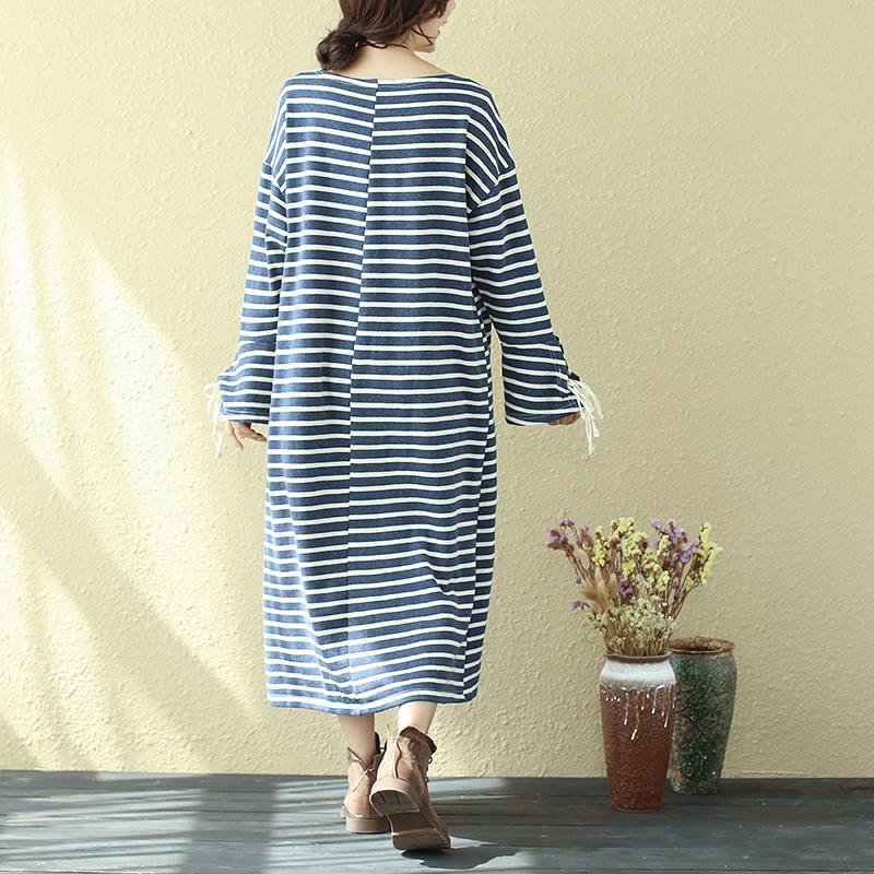 Square Neck Long Sleeve Lacing Blue Stripe Splitting Dress For Women