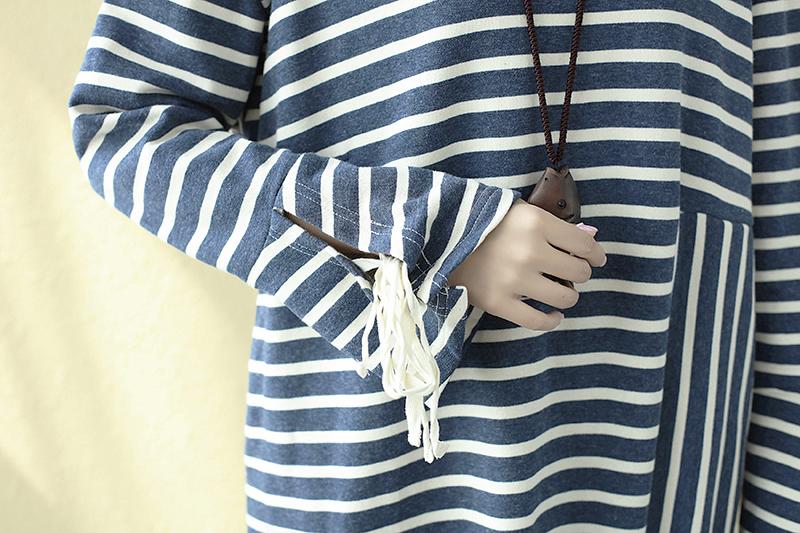 Square Neck Long Sleeve Lacing Blue Stripe Splitting Dress For Women