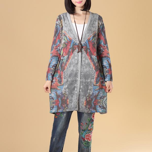 Women Single Breasted Long Sleeve Knitted Printing Sweater