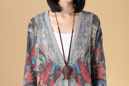 Printing Sweater for Women, Autumn Single Breasted Long Sleeve-Size: US 6-10