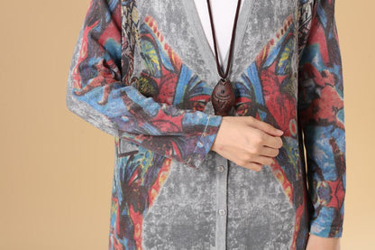 Women Single Breasted Long Sleeve Knitted Printing Sweater