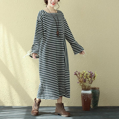 Square Neck Long Sleeve Lacing Stripe Splitting Dress For Women