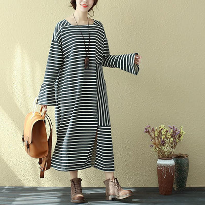 Square Neck Long Sleeve Lacing Stripe Splitting Dress For Women