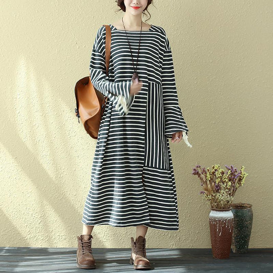 Square Neck Long Sleeve Lacing Stripe Splitting Dress For Women