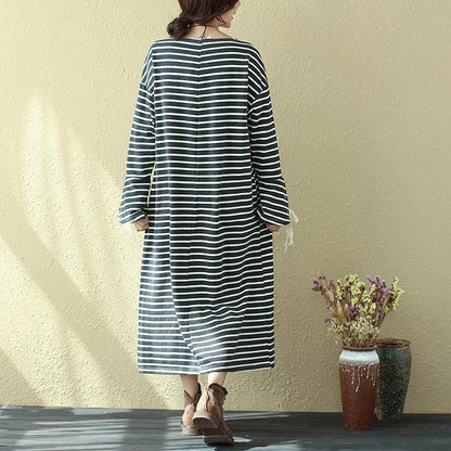 Square Neck Long Sleeve Lacing Stripe Splitting Dress For Women
