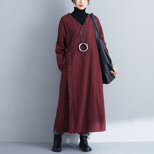Retro Women Long Sleeve Lacing Embroidery Wine Red Coat