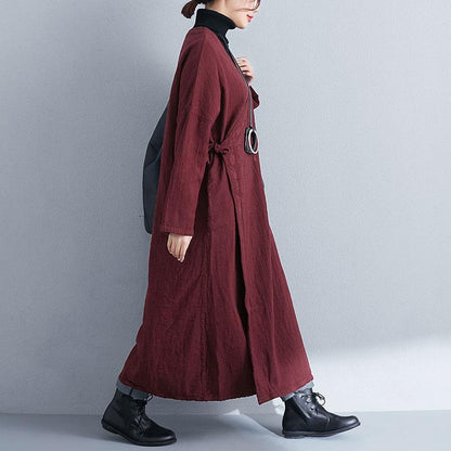 Retro Women Long Sleeve Lacing Embroidery Wine Red Coat