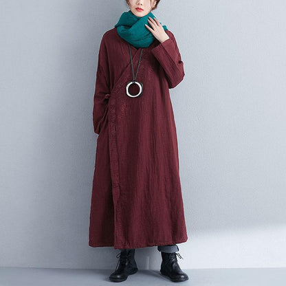 Retro Women Long Sleeve Lacing Embroidery Wine Red Coat