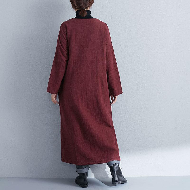 Retro Women Long Sleeve Lacing Embroidery Wine Red Coat