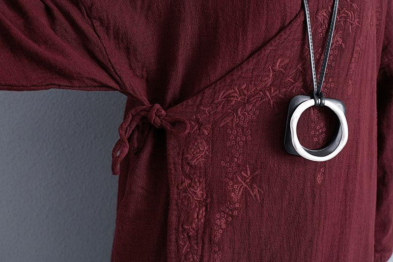 Retro Women Long Sleeve Lacing Embroidery Wine Red Coat