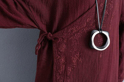 Retro Women Long Sleeve Lacing Embroidery Wine Red Coat
