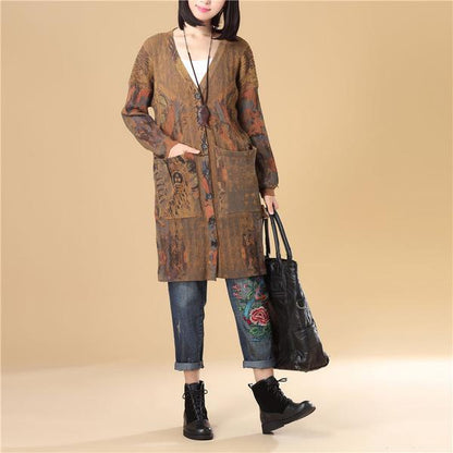 Printing Women Single Breasted Long Sleeve Jacquard Sweater Dress