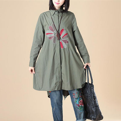 Exquisite Embroidery Women Polo Collar Single Breasted Long Sleeve Army Green Shirt