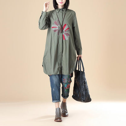 Exquisite Embroidery Women Polo Collar Single Breasted Long Sleeve Army Green Shirt