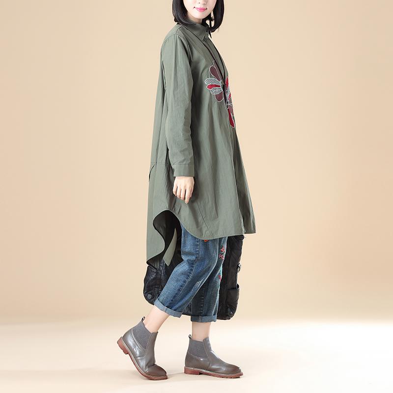Exquisite Embroidery Women Polo Collar Single Breasted Long Sleeve Army Green Shirt