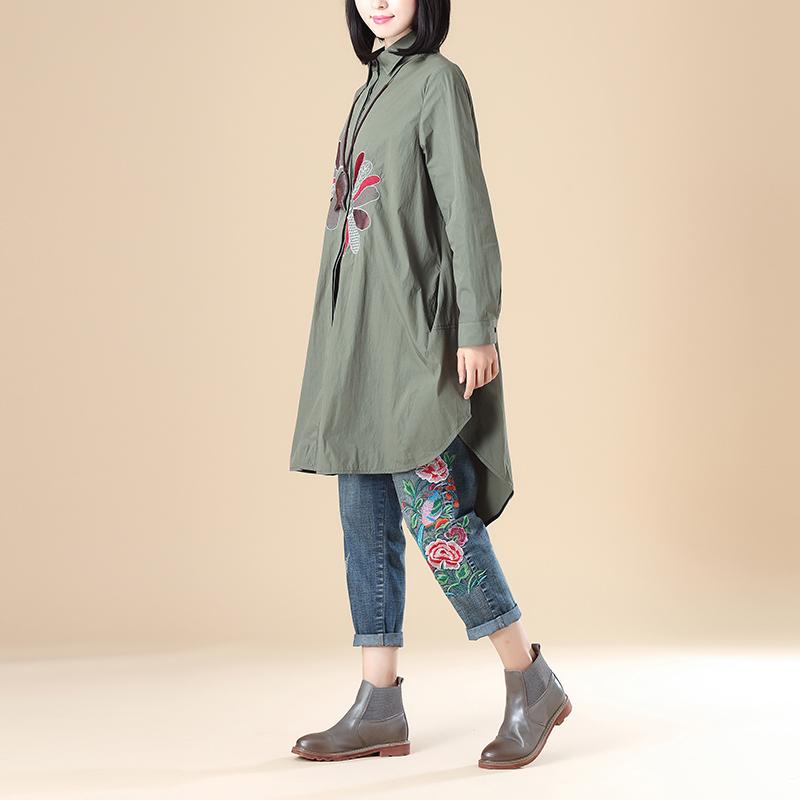 Exquisite Embroidery Women Polo Collar Single Breasted Long Sleeve Army Green Shirt