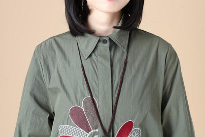 Exquisite Embroidery Women Polo Collar Single Breasted Long Sleeve Army Green Shirt