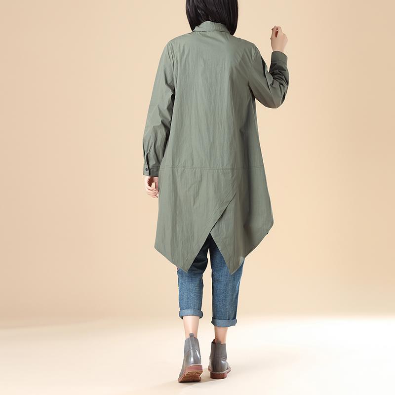Exquisite Embroidery Women Polo Collar Single Breasted Long Sleeve Army Green Shirt