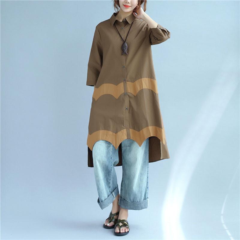Women Vintage Casual Splicing Summer Irregular Coffee Shirt